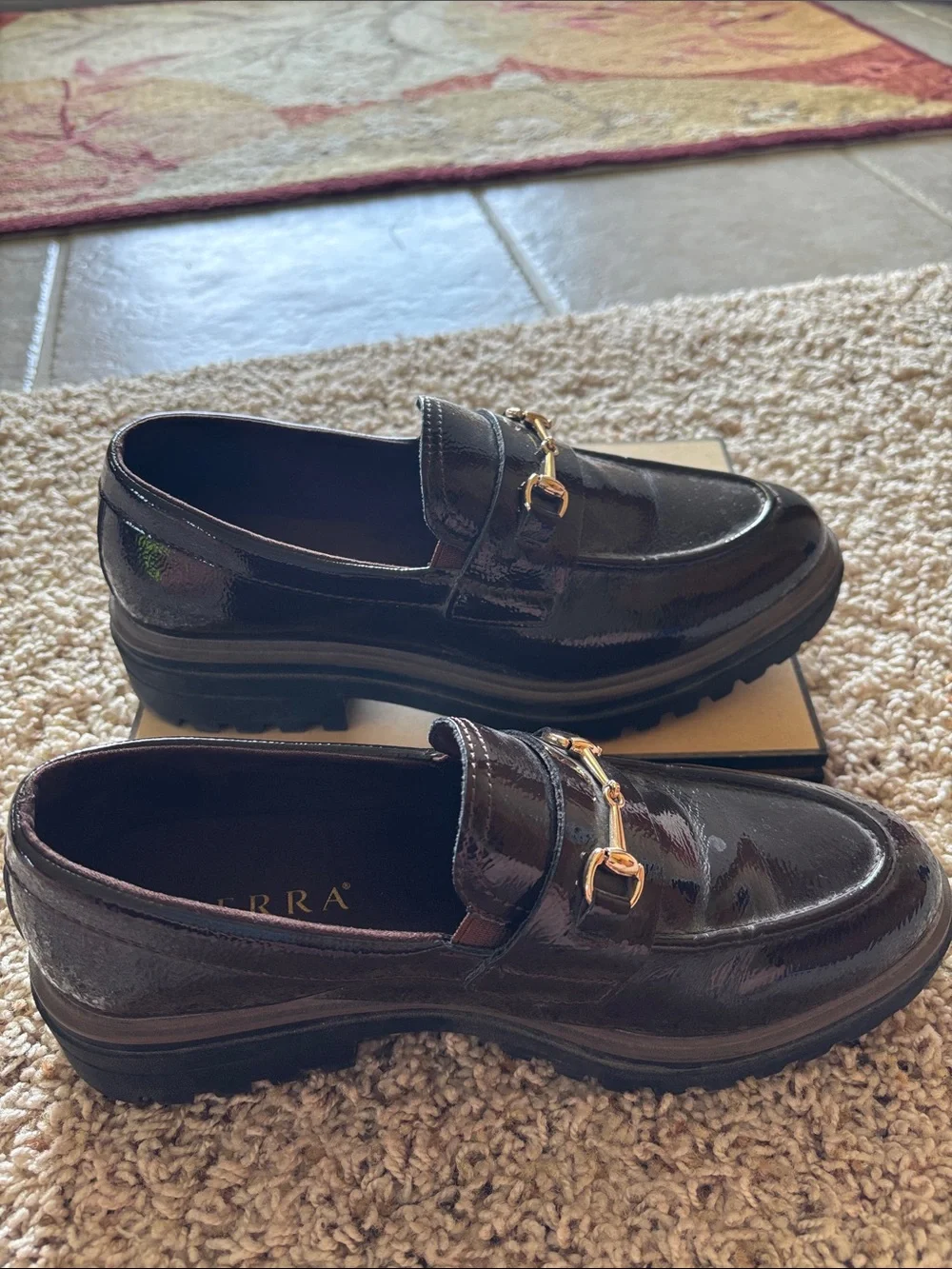 Women’s Patent Leather Loafer with Gold Bit - Brown